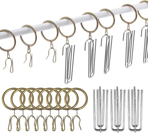 120 Pcs 2 Inch - 50mm Antique Brass Metal Drapery Curtain Rings Curtain Hanging Rings and Stainless Steel 4 Prongs Pinch Pleat Hook with Drapery Curtain Pin-on Hooks Pins for Bathroom, Living