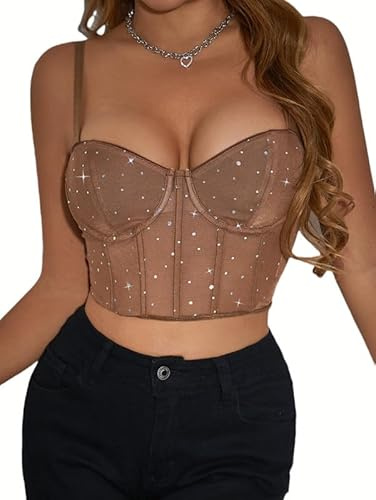 Sukiglam Camiseta Sin Mangas Mujer Encaje Corset Verano Crop Tops Lentejuelas Brillantes Corsé Bustier Sexy Ajustado Lencero Glitter Corset Tops Camisetas Tirantes De Fiesta Rave Outfit