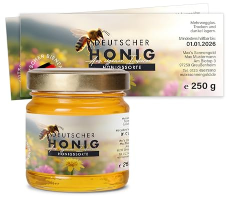 Honig Etiketten 250 g rechteckig selbst gestalten – ab 25 Stück – Honig Aufkleber personalisierbar, selbstklebend, ablösbar – Honigetiketten für Honiggläser – Bauchetiketten – (HONIG - 250 g - RE3)