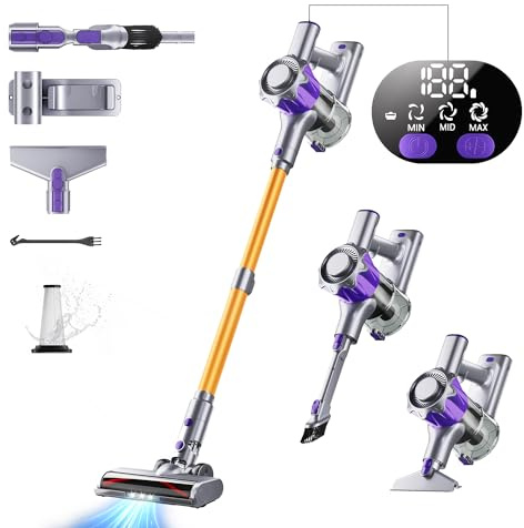 60KPa/600W Aspiradora sin Cable, Aspiradora Fregadora Sin Cable Potente hasta 75Mins, con Carga de Pared Smart Screen, Cepillo Antienredos, Alfombra Pelo Mascota Suelo Sofá (Morado) (Verde) (Morado)