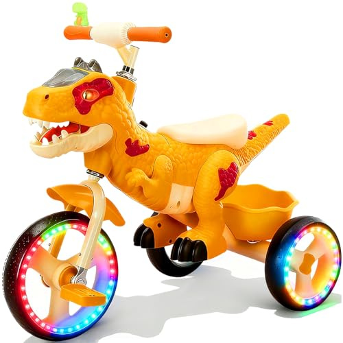 NMM Rullcykel, trehjuling, trehjuling, från 2 år, dinosaurieleksak med musik, lampor och horn för barn, cykel med hjul från 2, 3, 4, 5, 6, 7, 8 år (lysande orange cykel)