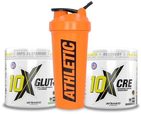 10X Athletic Creatine Monohydrate + L-Glutamine Powder with Shaker – Informed Choice Certified, 100% Vegan, Micronized, Unflavoured, Muscle Strength, Recovery & Gut Support – 60 Servings Each
