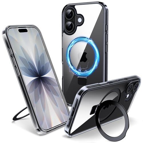 Flyzoo Magnetic Kickstand Case for iPhone 17, [Compatible with MagSafe & Invisible Ring Stand Holder] [Non-Yellowing & Shockproof] Clear Transparent Hard Silicone Edge Cover, 6.3'', Clear Black