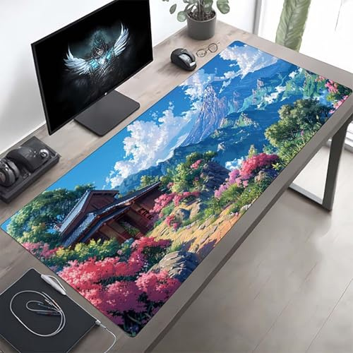 Gaming Mauspad 1200x600x3mm Gaming Mousepad XXL Blau Landschaft Mauspad Schreibtischauflage, Genähte Kanten Mausmat, rutschfeste Gummibasis, Schreibtisch Schutz für Home Büro, Geschenke PjY10268 V-1