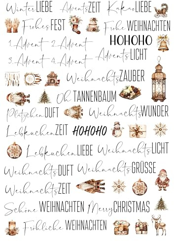 Kerzentattoos Weihnachten – 9 weihnachtliche Designs – Wasserschiebefolie A4 – für glatte Kerzen & Keramik – einfache Anwendung – DIY Deko & Geschenkidee (braun)