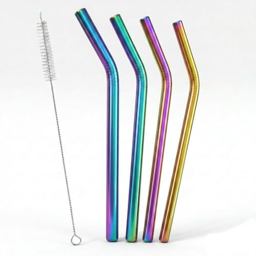 Premium 5 Pcs Rainbow Metal Straws Set with Cleaning Brush | Reusable Stainless Steel Angled Drinking Straws for Cocktails, Juice & Iced Coffee | Eco-Friendly & Dishwasher Safe (Rainbow)
