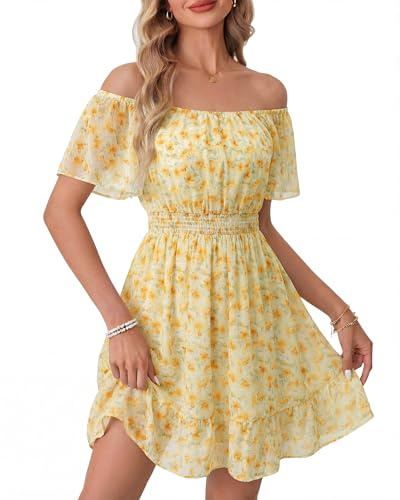 Timeson Short Sleeve Dress for Women: Feminine Romantic Lightweight Flowy Slimming Off-Shoulder Wear Women Summer Dresses Holiday Travel Vacation — Beach Dress Casual Chic Daily Outdoor Events M