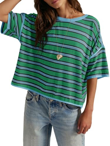 Tankaneo Womens Oversized Striped T-Shirts Summer Casual Color Block Short Sleeve Tops Drop Shoulder Boxy Tees Green