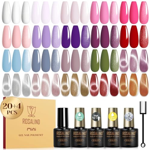 ROSALIND UV Lack, 24 ST Rosa Lila Grön Blå Halvpermanent Gel Lack Med Magnetiskt Kattöga Silver Rosa Röd Orange, UV/LED Minifärger Gel Manikyr Gåva Med Magnet