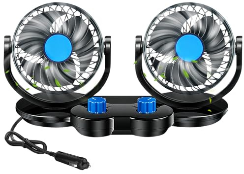 DAJASD Auto Ventilator,12V Doppelkopf Ventilator Auto,360° Drehbar Aut Fan Ventilato mit Zigarettenanzünder Stecker,2 Geschwindigkeiten,Aut USB Ventilato Rücksitz Leiser für Rücksitz,LKW,SUV,Wohnmobil