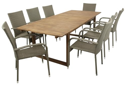 DEGAMO Gartengarnitur Santiago 9-teilig, 8X Stapelsessel mit Armlehnen naturgrau und 1x Ausziehtisch Aluminium mit Holzplatte Akazie 180/240x100cm, Outdoor