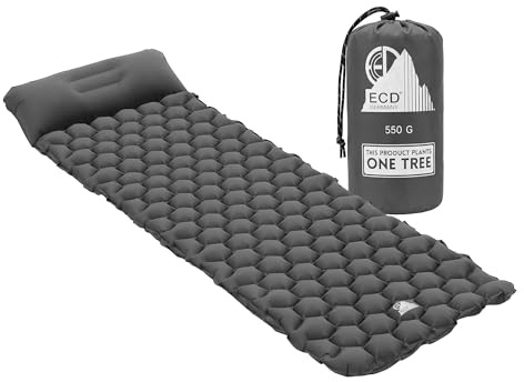 ECD Germany Campingmadrass Uppblåsbar Grå, Luftmadrass för Outdoor med Integrerad Kudde, Ultralätt och Kompakt Liggunderlag, Vikbar Sovmatta för Camping, Vandring, Resor, Backpacking och Tält