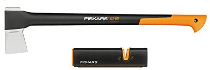 Fiskars Set de hachas, Hacha de rajar con protección de transporte, Longitud: 71 cm, Revestimiento antiadherente, X21-L, 1,63 kg; Afilador de hachas y cuchillos: cabezal de cerámica, Xsharp, 1019333