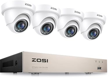 ZOSI 1080P CCTV Security Camera System with Human Vehicle Detection, 8 Channel H.265+ 5MP Lite Surveillance DVR and 4x2MP Outdoor 1920TVL CCTV Dome Cameras, Night Vision, Smart Alerts, NO Hard Drive