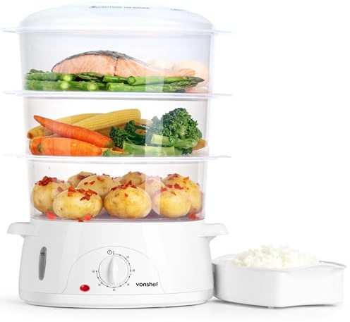 VonShef Food Steamer Electric 800W - 9L Capacity, 3 Stackable Tiers, BPA-Free, 60-Minute Timer, Boil-Dry Protection, Dishwasher Safe Parts & Rice Bowl Included, for Healthy Steam Cooking - White