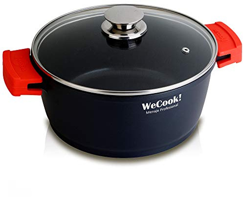 WECOOK! Ecostone Cazuela Alta Inducción con Tapa de Cristal 32cm, Antiadherente XTRA DUPON Ecológico sin PFOA, Aluminio Fundido, 5mm Espesor, 9cm Alto, Asas de Silicona, Vitrocerámica, Gas Negro | Aluminio fundido 5 mm, sin PFOA, apta para horno y lavavajillas, asas de silicona extraíbles, tapa cristal con válvula vapor
