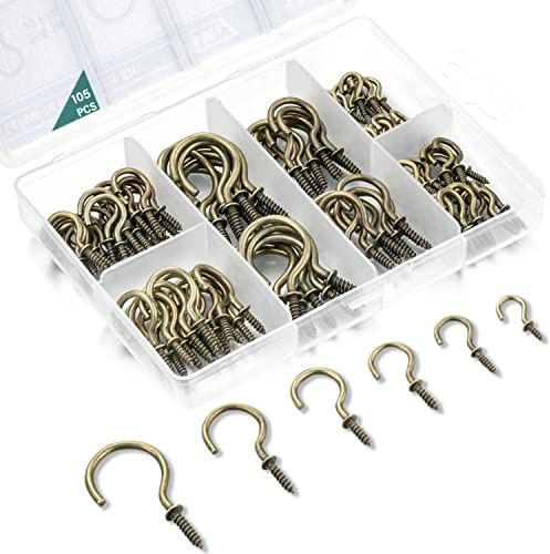 EIENHOSHI 105 Stück Schraubhaken, 6 Größen, bronzefarbene Tassenhaken, Schraubhaken zum Aufhängen, Metall-Becherhaken zum Einschrauben (1,27 cm, 1,6 cm, 1,9 cm, 2,2 cm, 2,5 cm, 3,8 cm)