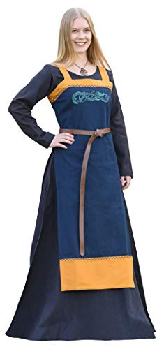 Battle-Merchant Wikinger Trägerkleid Hilja mit Stickerei | mittelalterliches Schürzenkleid für Damen | LARP Gewandung aus Baumwolle | Größen S-XXL blau/senfgelb oder rot/Petrol (blau, XL)