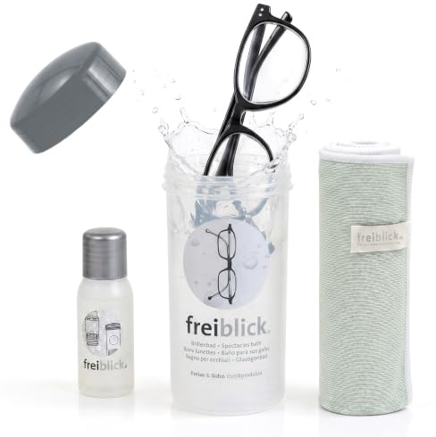 freiblick Brillenbad Set – Schüttelbad zur gründlichen Brillenreinigung (Silber-Grau, Groß)
