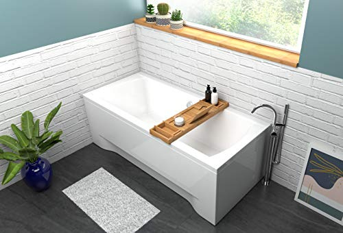 ECOLAM® Badewanne Wanne Rechteck Ines Polimat Design Acryl weiß 180x80 cm + Schürze + Bambus Ablage Ablaufgarnitur Ab- und Überlauf Automatik Füße Silikon Komplett-Set, Rechteckbadewanne für Zwei