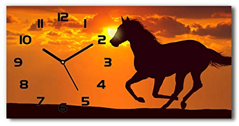 Tulup Wanduhr aus Glas 60x30 cm Glas Uhr Bild Glasuhr Gehärtetes Glas Küchenuhren - Schwarze Zeiger - Sunset Pferd