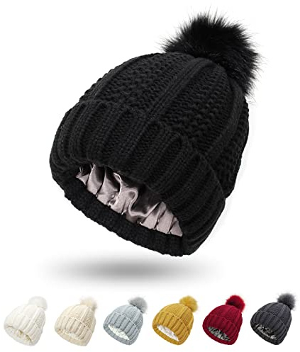 Womens Satin Lined Winter Beanie Cable Knit Beanie for Women Silk Lining Thick Chunky Hat Skull Warm Cap (Pom-Black)