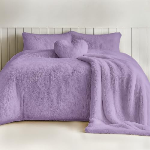 Rohi Luxury Faux Fur Duvet Cover Set Single – Soft Cuddly Long Pile Teddy Fleece Duvet Set with Pillowcases – Thermal Warm, Breathable & Hypoallergenic Faux Fur Bedding Cover Set – Lilac, Single