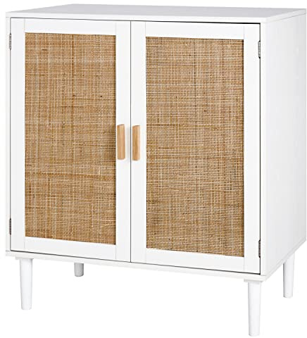Finnhomy Sideboard Buffet Cabinet, Kitchen Storage Console with Rattan Decorated Doors, Liquor Buffet, Dining Room, Hallway, Cupboard Console Table, Accent Cabinet, 31.5X 15.8X 34.6 Inches, White