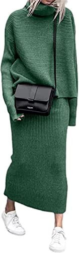 ZIBLER Set di gonne lavorate a maglia invernali da donna in 2 pezzi - Maglione dolcevita a costine spesse con gonna lunga a tubino (Verde,M)