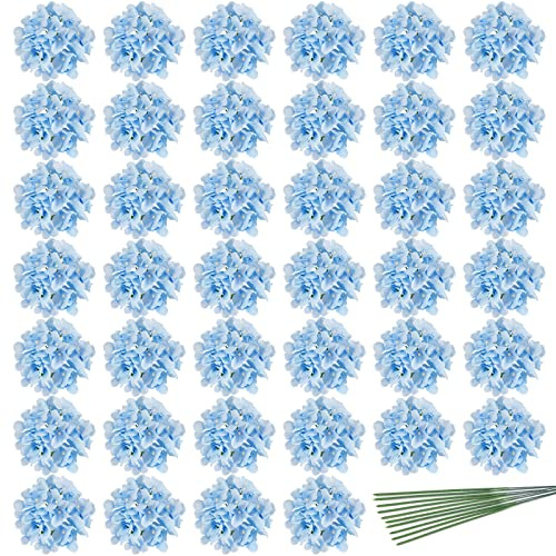 JPSOR 40pcs Artificial Hydrangea Silk Flower Heads with Stems, Fake Flowers for Wedding Centerpiece Home Garden Party Decoration (Blue)