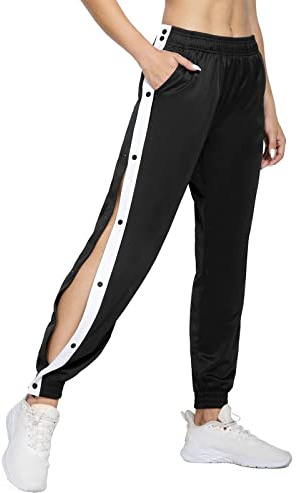 Jogginghose Damen Lang seitlich zu öffnen Knopfleiste Trainingshose, Sporthose Button Fitness Sweathose mit seitlicher Taschen, Freizeithose öffnen Persönlichkeit Seitenschnalle Split Basketball Hosen