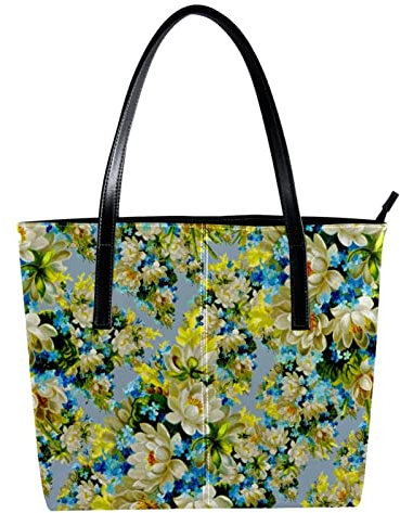 Schultertasche, leicht, lässig, Schulranzen, Lehrertasche, Handtasche, Geldbörse, handbemalt, bemalte Blumen, Blau / Gelb, Mehrfarbig