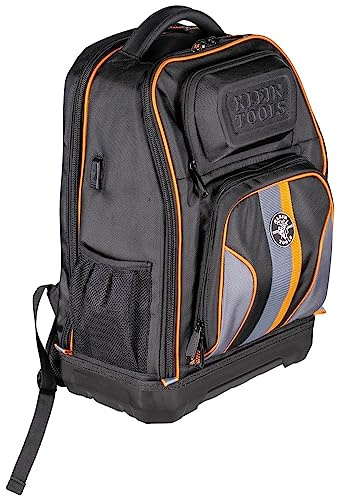 KLEIN TOOLS 62805BPTECH Laptop Backpack Tool Bag, Tradesman Pro Extra-Large 28-Pocket Tech Tool Backpack with Molded Bottom, Charging Port