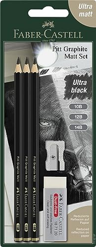 Faber-Castell 115297 Matite Grafite Monocrhome Pitt, Set di 3 Matite Gradi 10B, 12B, 14B, Ultra Opache Con Minimo Riflesso, Gomma E Temperino Inclusi, Per Disegnare, Schizzare E Sfumare