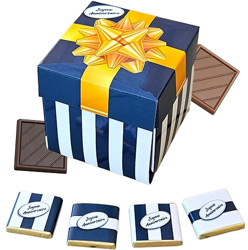 Boîte de Chocolat a Offrir pour Anniversaire - Coffret de 40 Carrés de Chocolat Individuelss au Lait et Noir - 100% Pur Beurre de Cacao - Fabriqué en France - Couleur Bleu - 200 Gr