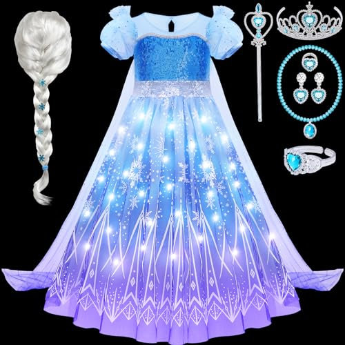 vamei Leuchtend Elsa Kostüm Mädchen LED Elsa Kleid Prinzessin Kleid Mädchen mit Elsa Perücke Krone Handschuhe Zauberstab für Geburtstag Karneval Halloween Verkleidung (140 cm (8-9 Jahre))