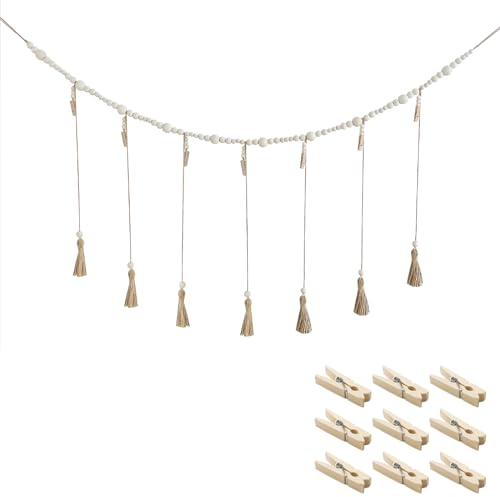 Meprotal Hängendes Foto-Display mit Holzperlen-Girlande, Boho-Collage, Bilderrahmen, Fotohalter mit 8 Holzklammern, für Schlafzimmer, Wohnzimmer, Kinderzimmer, Wohnheim-Dekor (120 cm)
