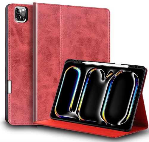 Gexmil Leder Hülle für iPad Pro 11 Zoll M5/M4 2025/2024 | Smart Leder Cover/Flip mit Stifthalter,Auto Schlaf/Aufwachen,Schutzhülle Einstellbarer Ständer,Stoßfest,Rot