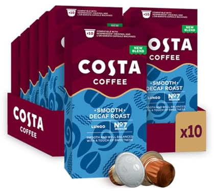 Costa Smooth Decaf Coffee Pods, Pack of 10, Total 100 Coffee Capsules