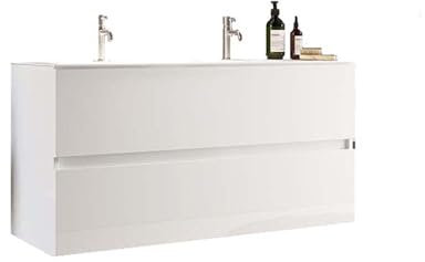 Mobile Bagno Moderno Sospeso Composto da Doppio Lavabo in Ceramica e 2 Pratici Cassetti Arredamento Bagno Design Minimal 120x85 cm Bianco Lucido MBL10 (Senza specchiera)