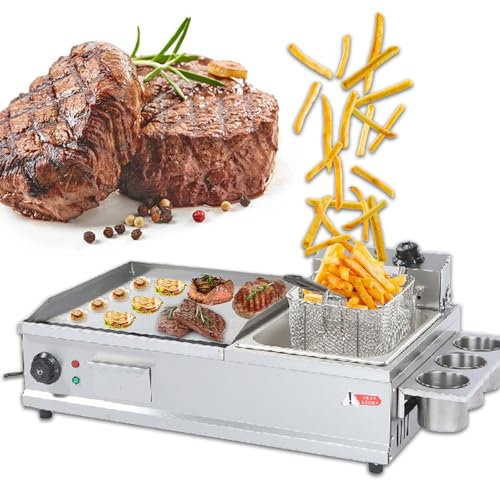 PGKTKCWH Planchas eléctricas para cocinar al Aire Libre con freidora, planchas comerciales de Superficie Plana con Rejilla para condimentos, para Tocino Frito, Queso Frito, pequeñas