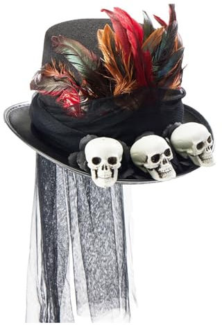 Maxtonser Mittelalterliche Steampunks Flat Top Hut mit Totenkopf Halloween & Schleier Filzhut Karneval Rollenspiel Magier Hut Schwarz