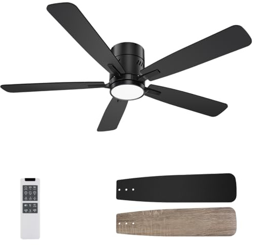 kadision 48 inch Flush Mount Ceiling Fans with Lights, 6-Speed Reversible Quite Motor, 6CCT Light Brightness Adjustable, Morden Low Profile Ceiling Fan for Bedroom Living Room, Black