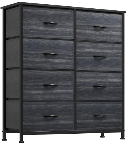 YITAHOME Chest of Drawers with 8 Drawers, Fabric Dressers with Easy Pull Handle,Sturdy Steel Frame,Storage Drawers for Bedroom, Closet, Clothes,Charcoal Black Wood Grain