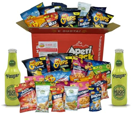 Aperisnack® - AP18.001.26 Aperibox Classic 32 pezzi con 2 Hugo da 20cl - Scatola regalo con Snack salati, patatine e frutta secca, per aperitivo fai da te o gadget compleanno adulti