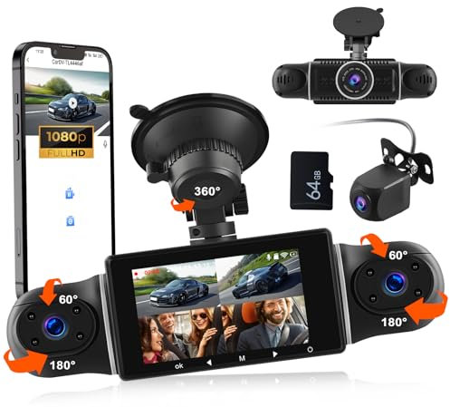 Cámara Dashcam 4 Cámaras para Coche CAMECHO - 1080P Full HD, GPS y WiFi Integrado, Pantalla 3'', Visión Nocturna, ADAS, Detección de Movimiento, Modo Estacionamiento 24h + Tarjeta 64GB