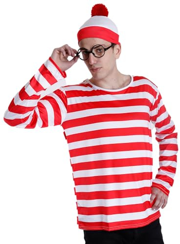 Carnavalife Disfraz Wally con gafa y gorro donde esta waldo disfraz hombre mujer unisex Carnaval Halloween Veneciana Gondola