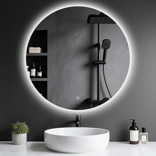 Archaluxe Badspiegel mit Beleuchtung - LED-Badezimmer-Spiegel-Round 70cm,Touch-Schalter,Dimmbar,3 Lichtfarben, Speicherfunktion, Badezimmerspiegel mit HD Sicherheitsgla - Explosionsschutz Wandspiegel
