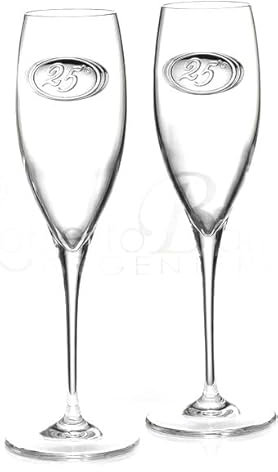 Generico Set di 2 Flûte da Champagne per 25° Anniversario con Placca in Argento PVD, 24 cm, Cristallo