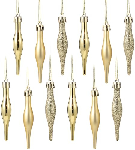 Kasyat 12 Pcs Christmas Droplet Baubles Ornaments 3.5 inch Matte Shiny Glitter Finishes Finial Drop Plastic Shatterproof Hanging Ornament for Xmas Tree Wreath Garland Holiday Decor(Gold)